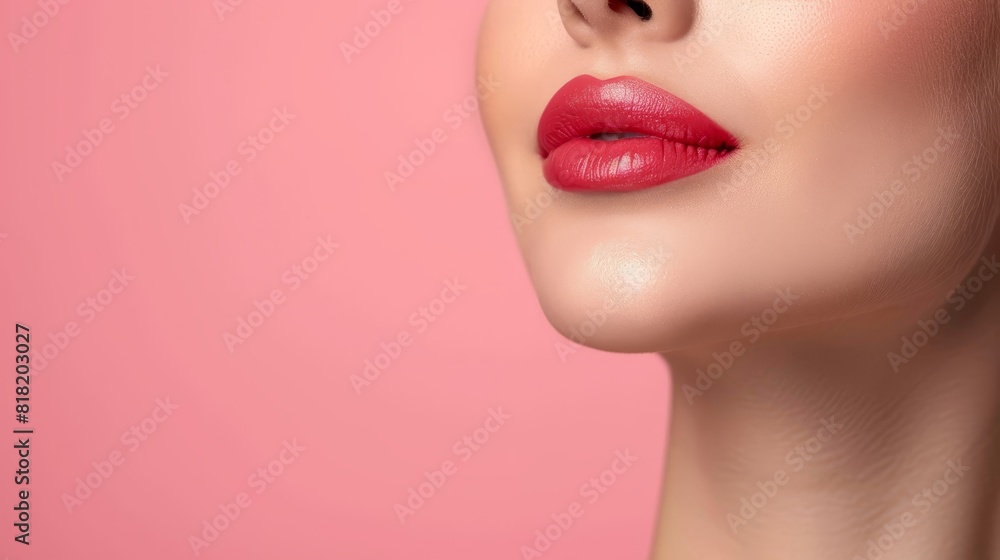 A women's face, tightly framed Red lipstick boldly marks her lips against pink backdrop A women's face, tightly framed Red lipstick boldly marks her lips against pink backdrop