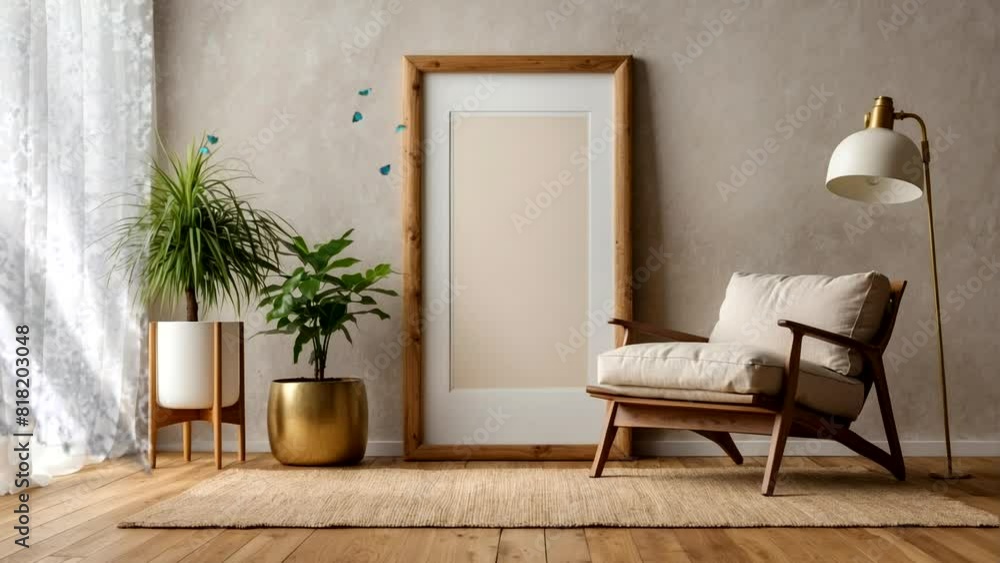 3d illustration. White wall with empty frame. living room Decorated with chairs 3d illustration. White wall with empty frame. living room Decorated with chairs
