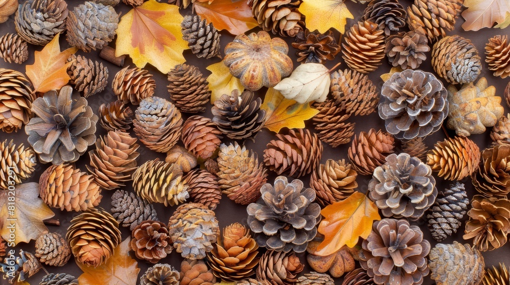 A heap of pine cones atop a brown surface, adorned with yellow and orange leaves A heap of pine cones atop a brown surface, adorned with yellow and orange leaves