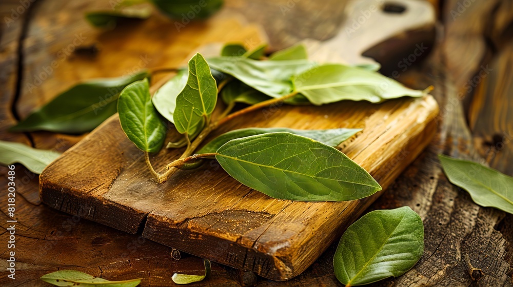 A wooden cutting board with green leaves on it. A wooden cutting board with green leaves on it.