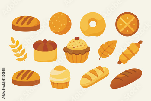 Set of baking, bread, bakery product in watercolor style. Buns, baguettes, bread, pastries, and other baked goods. Vintage watercolor concept for a bakery or cafe