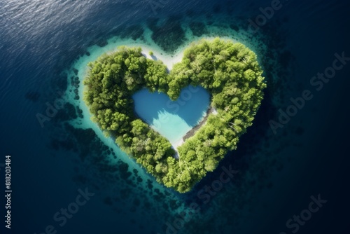 a drone view of a green island of an atoll in the middle of the ocean shaped like a heart  © marimalina