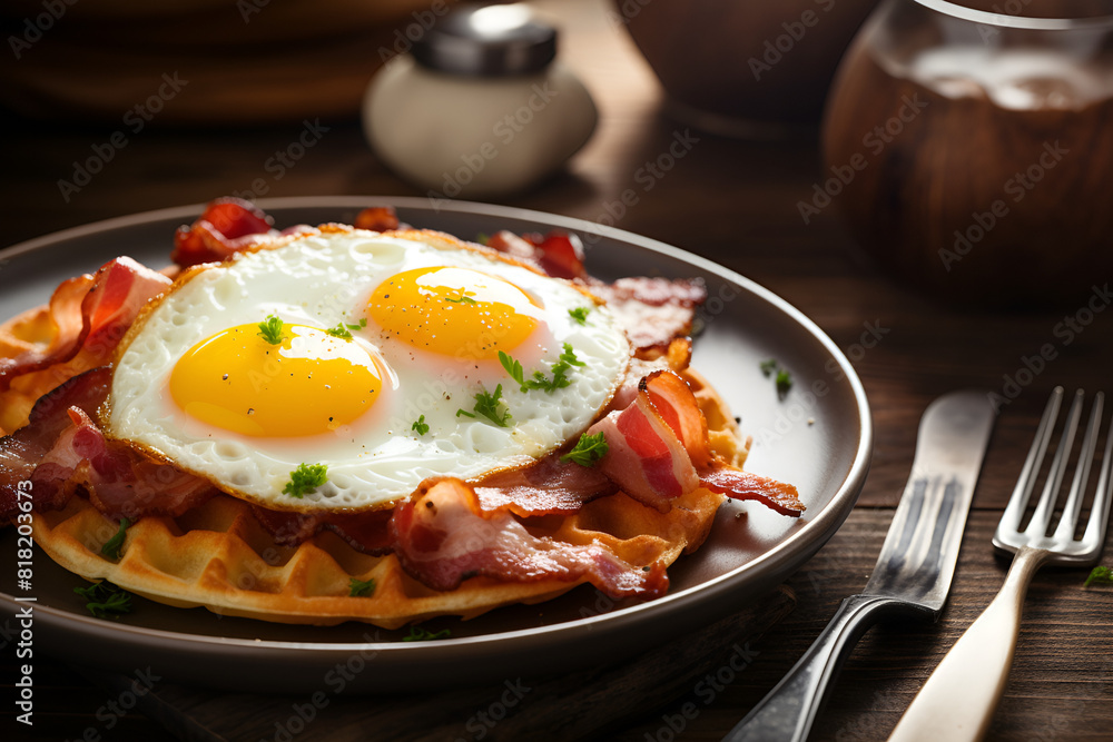 waffle, bacon, omelette for the breakfast