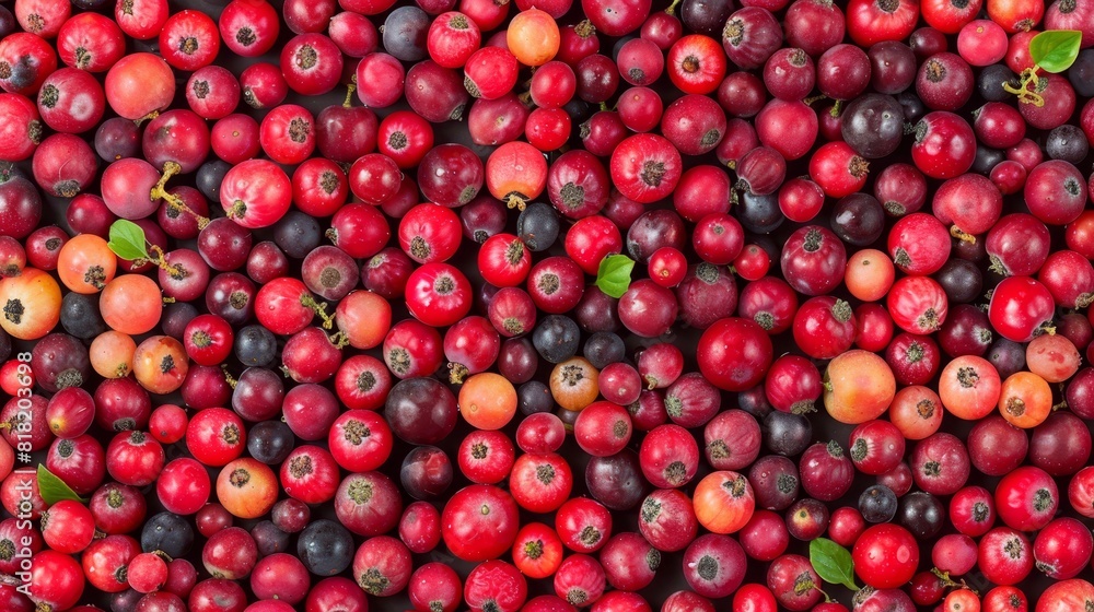 cherries topped with green leaves, cranberries and cherries with leaves at the bottom cherries topped with green leaves, cranberries and cherries with leaves at the bottom