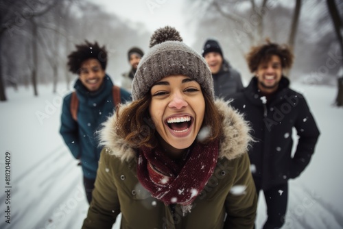  a group of five people of different races in their 20s in a park on a winter morning playing in the snow