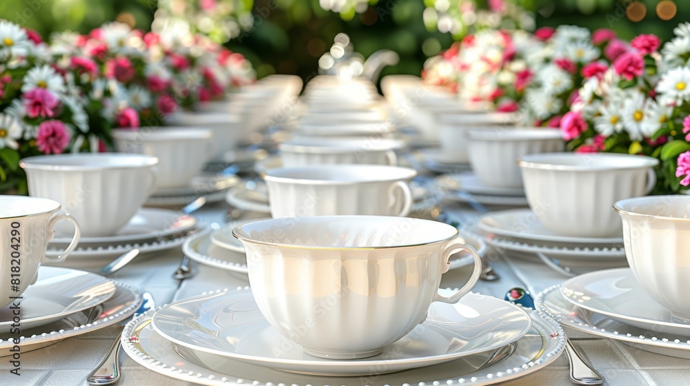  A blue-clothed table is adorned with a white tablecloth, topped with white plates and silverware Above the plates, numerous white cups and saucers are arranged