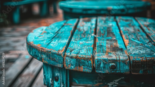  A blue wooden table sits atop a wooden floor Nearby, a green table resides, its surface holding a blue umbrella Both tables rest on separate wooden floors
