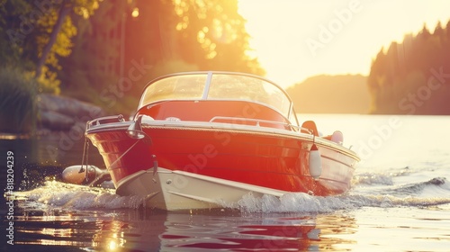  A red-and-white boat floats on a body of water A person is seated at the bow, submerged up to their waist Trees line the background photo