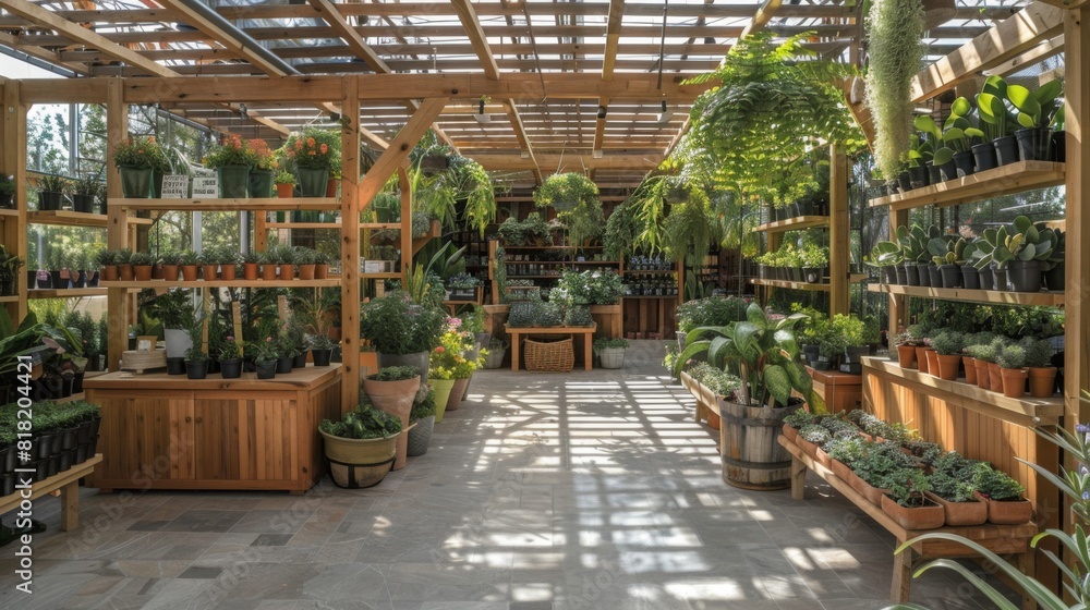 A well-organized greenhouse with wooden shelves displaying a variety of potted plants, bathed in gentle sunlight. Lush greenery and hanging plants thrive in this tranquil, earthy environment.