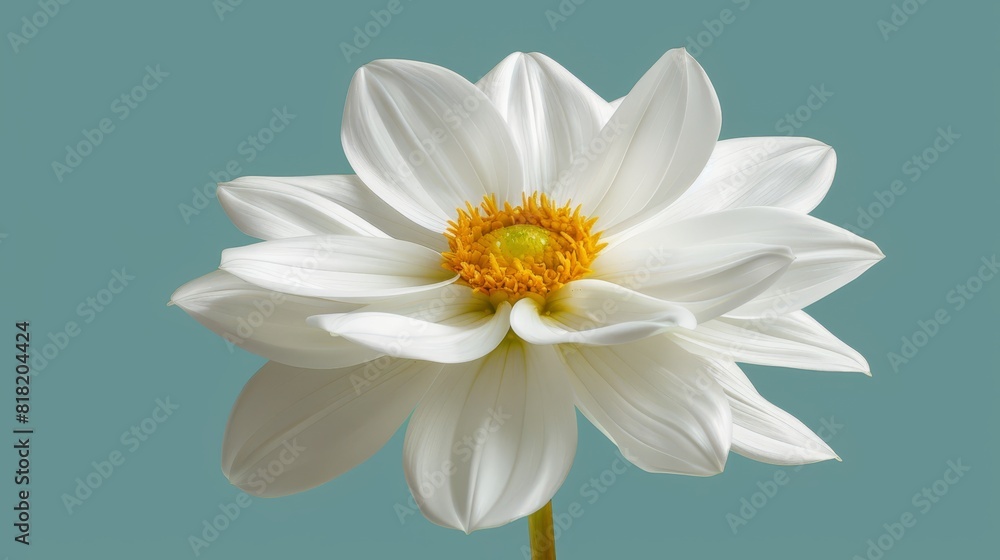 A large white flower with a yellow center on a blue background The flower has a single yellow center both in its heart and at its core A large white flower with a yellow center on a blue background The flower has a single yellow center both in its heart and at its core