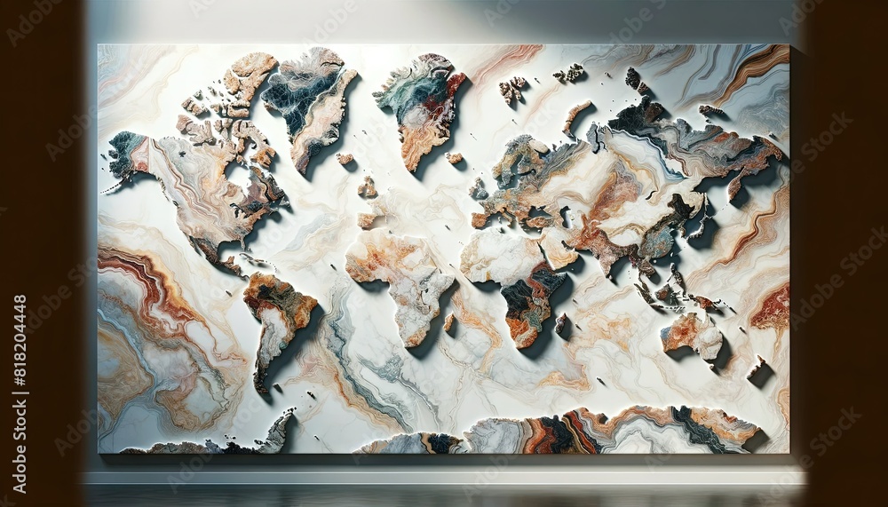 A full-frame 16_9 landscape ratio world map, depicted in authentic marble style with true colors. The map features realistic textures and hues of marb