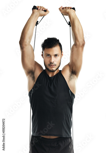 Portrait, man and resistance band for fitness, stretching or body health wellness isolated on white studio background. Power, sport or strong bodybuilder with elastic for muscle, training or exercise