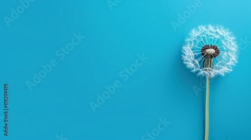  A single dandelion against a blue background The image features one dandelion in the foreground