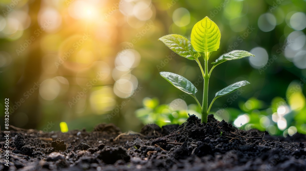 A small green plant emerges from the ground, surrounded by a forest backdrop Sunlight filters through the trees behind A small green plant emerges from the ground, surrounded by a forest backdrop Sunlight filters through the trees behind