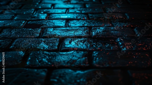  A tight shot of a brick sidewalk  blue light illuminating from above  casting reflections on water-speckled cobblestones against a softly blurred backdrop in the dark