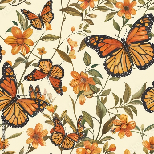 Seamless A butterfly pattern with orange butterflies and flowers