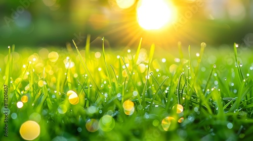  The sun shines brightly behind a verdant field of grass dotted with dewdrops In the foreground, grass is veiled in dew photo