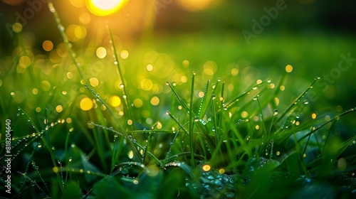 blurred background sun, grass detailed with dewdrops