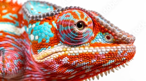  A close-up of a colorful chameleon's head against a white background