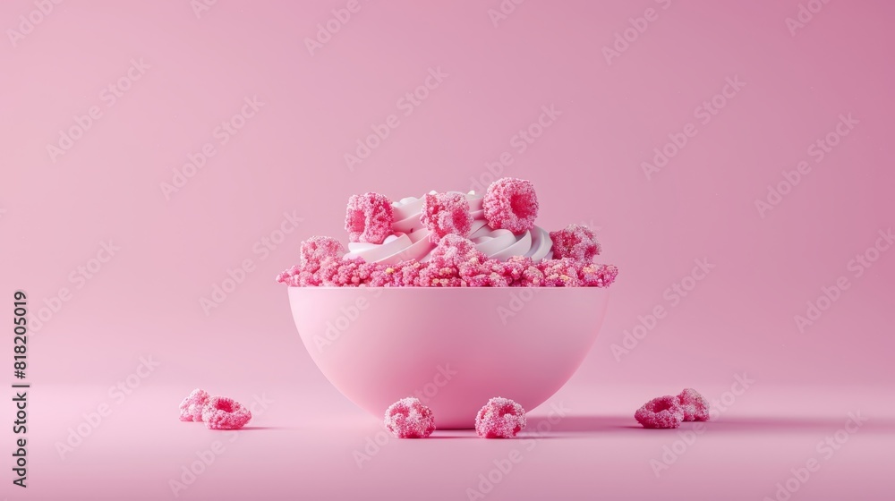 A pink bowl, brimming with marshmallows, rests atop a pink surface Nearby, an additional pile of marshmallows tops the bowl Both A pink bowl, brimming with marshmallows, rests atop a pink surface Nearby, an additional pile of marshmallows tops the bowl Both