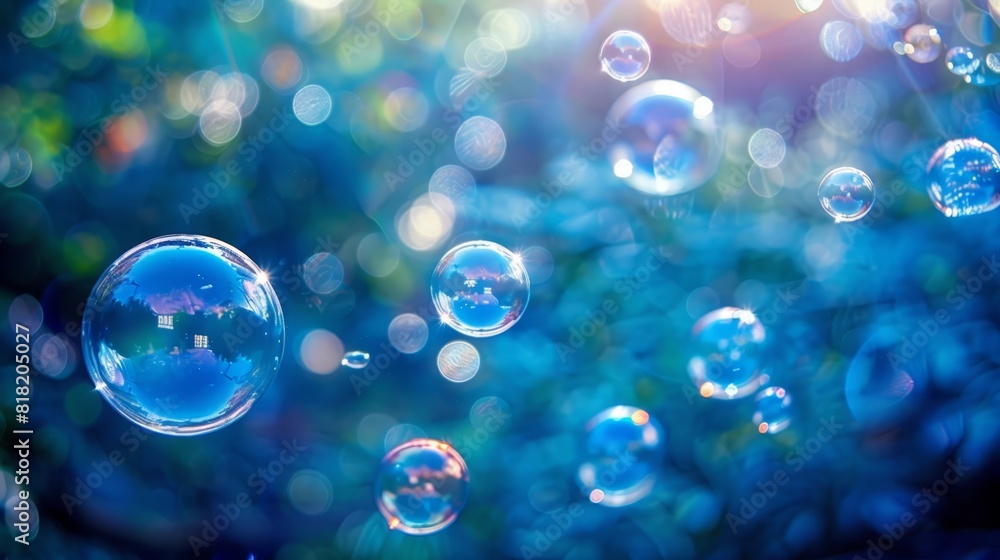 A collection of bubbles drifting in the air against a backdrop of a blue sky, and a solitary green tree in the foreground A collection of bubbles drifting in the air against a backdrop of a blue sky, and a solitary green tree in the foreground