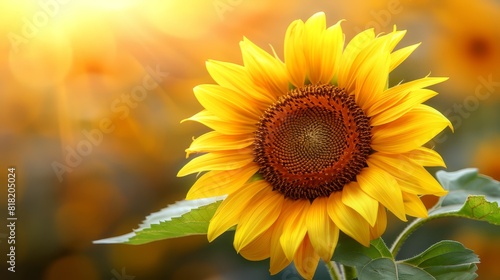  A sunflower, with its petals and intricate seeds, situated amidst a hazy expanse of yellow and green leaves In the foreground, sunflowers blend into a