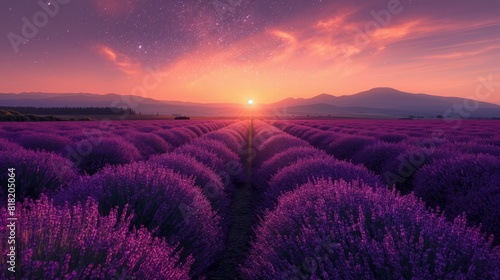 The Milky Way galaxy arching over a field of lavender photo