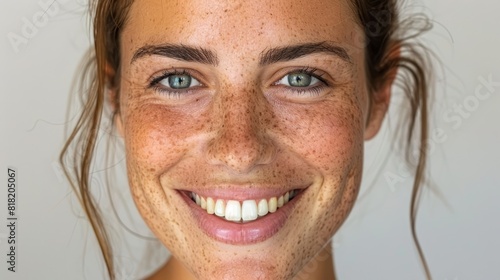  A close-up of a woman's face adorned with numerous freckles..Freckles pepper her face, adding character to each feature: cheeks, nose, and