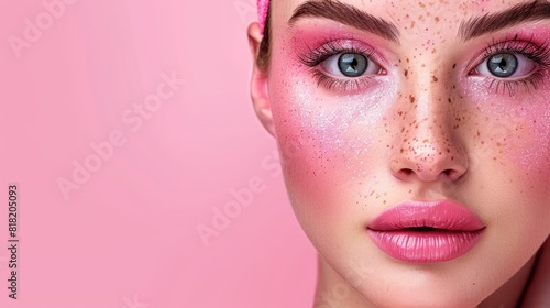  A women s face filled with freckles  some on cheeks  near Pink headband atop her head Surrounded by a pink backdrop