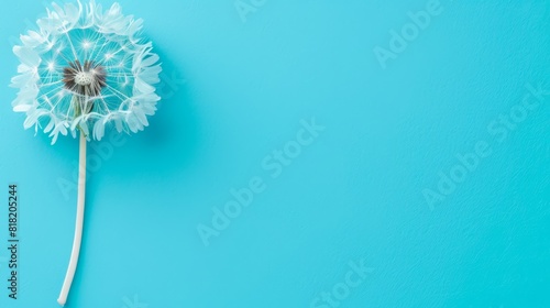  A single dandelion against a blue backdrop  features one flower atop its head