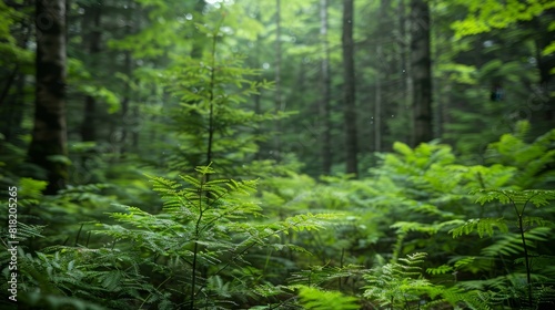  A lush green forest teeming with numerous trees, featuring tall ones topped with copious amounts of green leaves