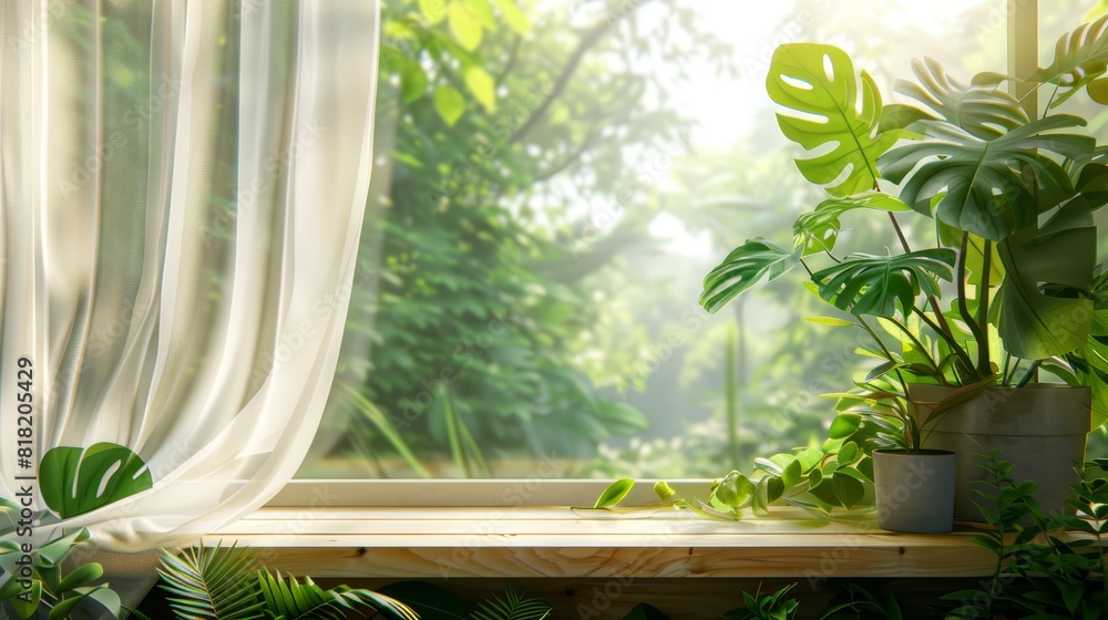 A window sill holds a potted plant; another, a curtain Outside, a forest A window sill holds a potted plant; another, a curtain Outside, a forest