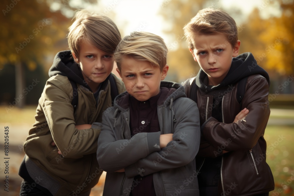 10-year-old boys make fun of another boy in the schoolyard. Bullying concept. 10-year-old boys make fun of another boy in the schoolyard. Bullying concept.