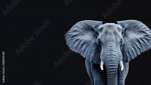  A tight shot of an elephant's face with curved, extended tusks against a black backdrop