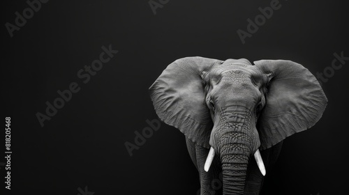  A black-and-white image of an elephant's head with prominent tusks, each adorned with smaller tusks, set against a black backdrop