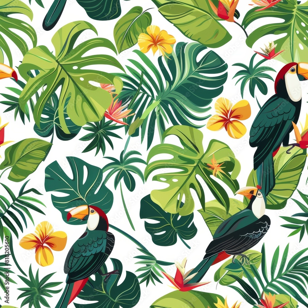 Seamless A tropical forest scene with birds and flowers Seamless A tropical forest scene with birds and flowers