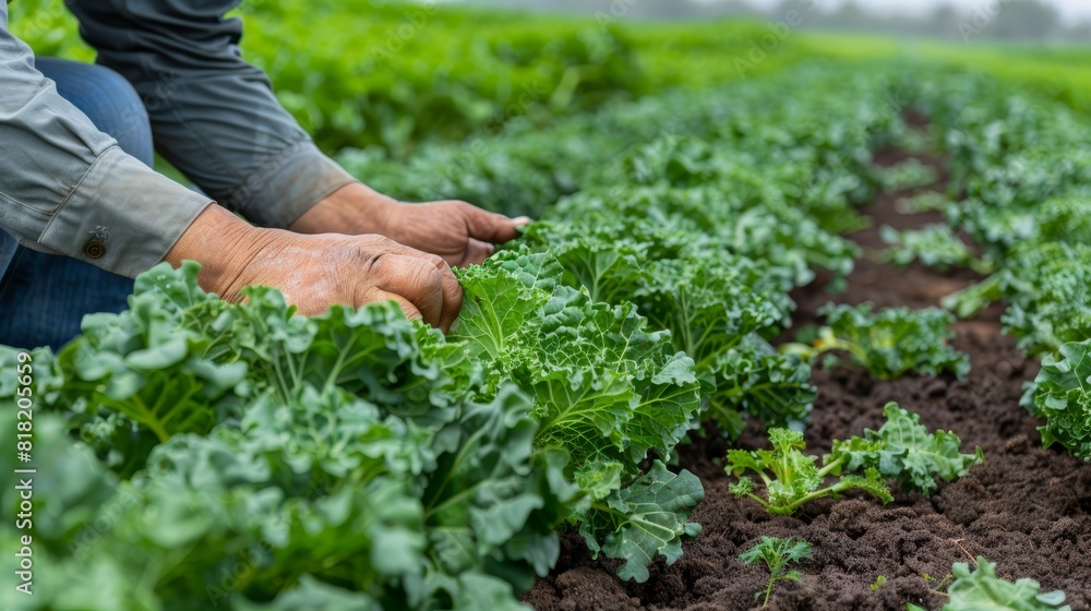 A person kneels in a field, cradling a leafy green plant Dirt lies before them, where a line of lettuce plants with green leaves stands A person kneels in a field, cradling a leafy green plant Dirt lies before them, where a line of lettuce plants with green leaves stands