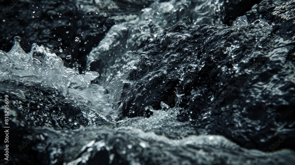  A monochrome image of a water stream emerging from a rock fissure Bubbles rise atop the stones as water flows