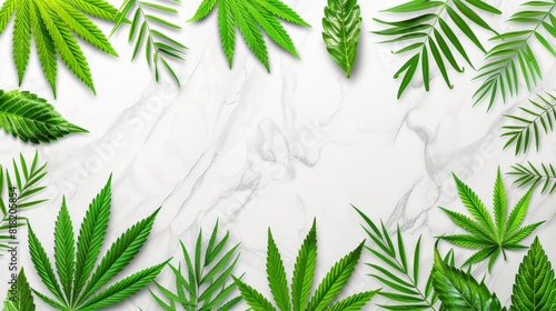  A white marble countertop hosts a bunch of green leaves against its pristine surface  surrounded by a matching white marble background