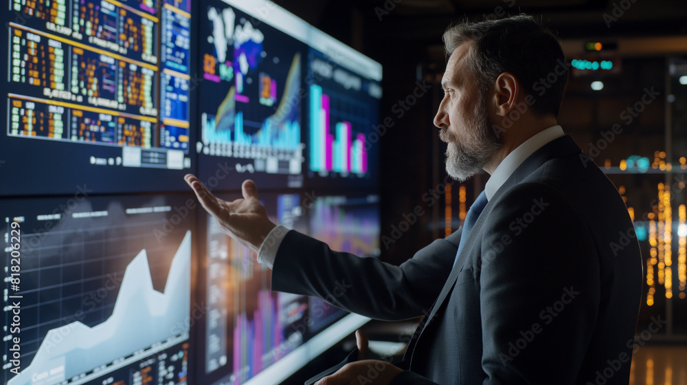 An economist participating in a video conference, engaging with international colleagues, with screens displaying financial data. Dynamic and dramatic composition, with copy space An economist participating in a video conference, engaging with international colleagues, with screens displaying financial data. Dynamic and dramatic composition, with copy space