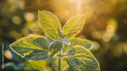  A tight shot of a green plant with sunlit leaves  sunlight filtering through  and nearby leaves in the foreground