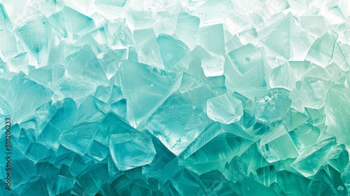  A tight shot of an icy wall, comprised of blue and green ice cubes Water droplets adorn the bottom Bottoms of ice cubes are wetted