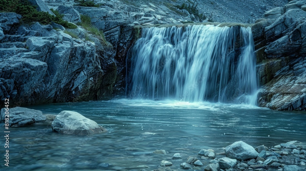 A peaceful hidden waterfall cascading over a moraine a hidden gem in a rugged and unpredictable landscape. A peaceful hidden waterfall cascading over a moraine a hidden gem in a rugged and unpredictable landscape.