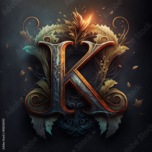 Luxury letter K with floral ornament on dark background. 3D rendering