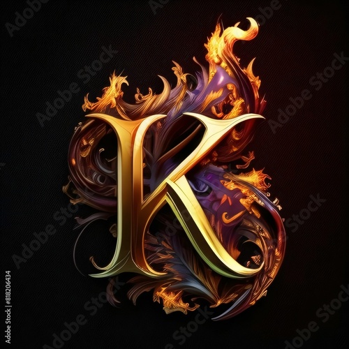 letter k on a dark background with fire effect. 3d illustration