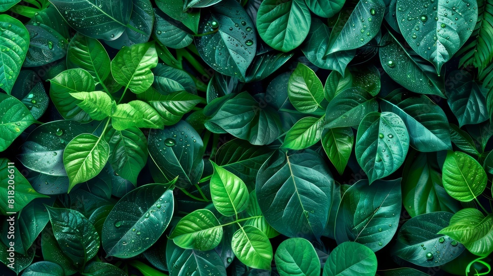 A close-up of numerous green leaves, adorned with water droplets All leaves are emerald green, fully coated in H2O A close-up of numerous green leaves, adorned with water droplets All leaves are emerald green, fully coated in H2O