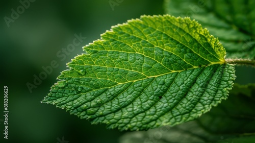  A tight shot of a green leaf with a blurred background of nearby leaves