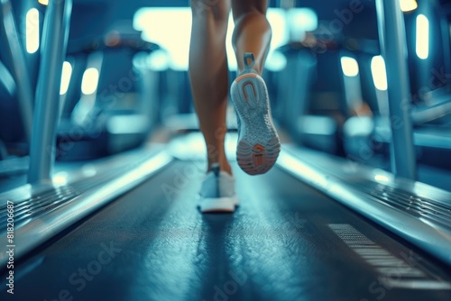 Active running workout of a woman in a fitness center. Close-up of legs in sneakers, girl athlete doing sports on a treadmill