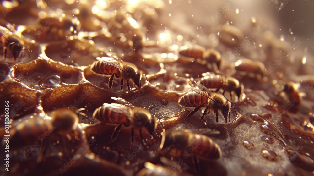 A tight shot of numerous honeybees on a wooden surface, with water droplets hovering above and below them at the image's bottom A tight shot of numerous honeybees on a wooden surface, with water droplets hovering above and below them at the image's bottom