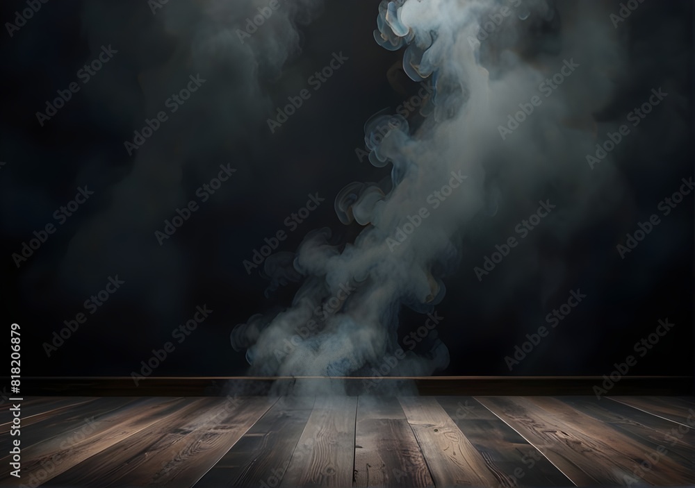 Interior concept abstrakt dark room flooring, white smoke and wooden floor